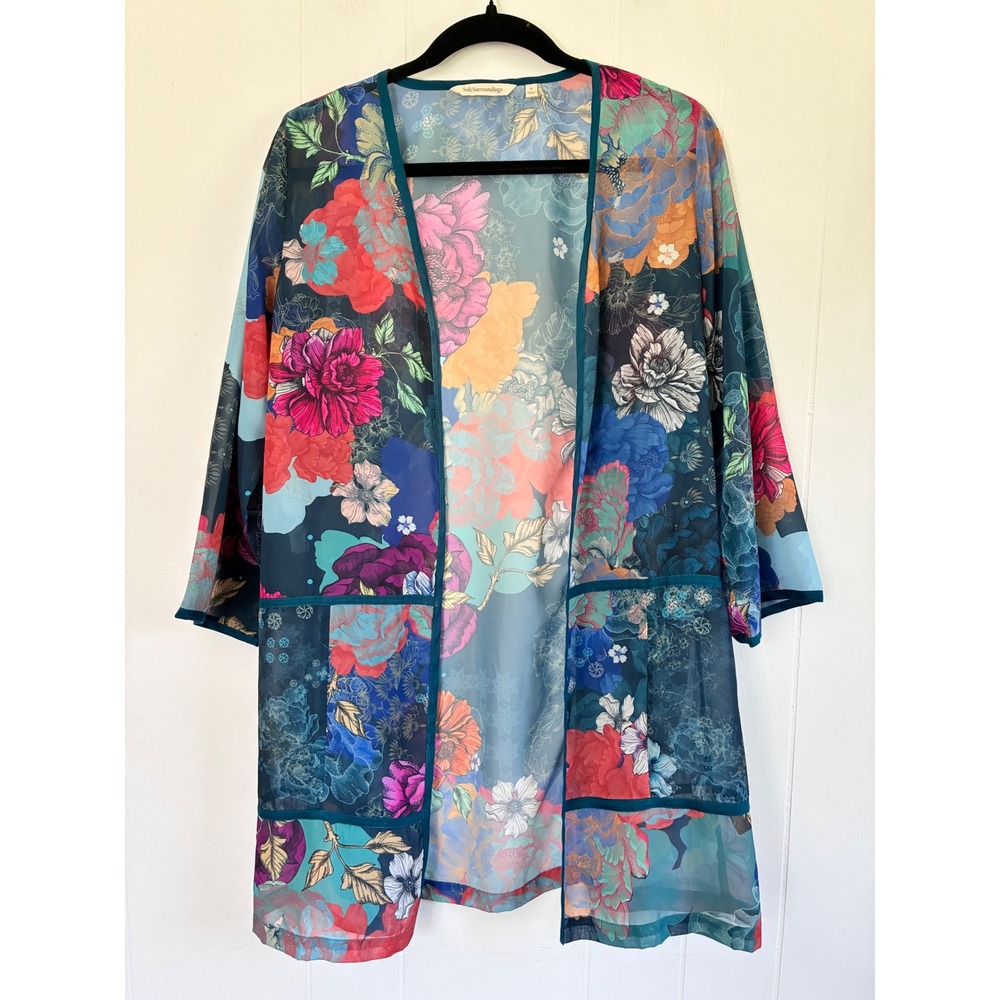 Soft Surroundings Floral Sheer Kimono Duster Wrap Blue Pink 2EN44 Womens Small